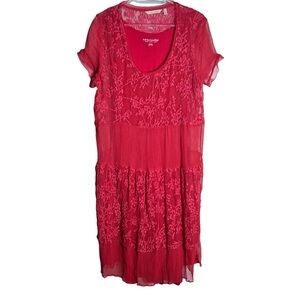 SOFT SURROUNDINGS Red Ariela Silk Tiered Embroidered Dress, Size M